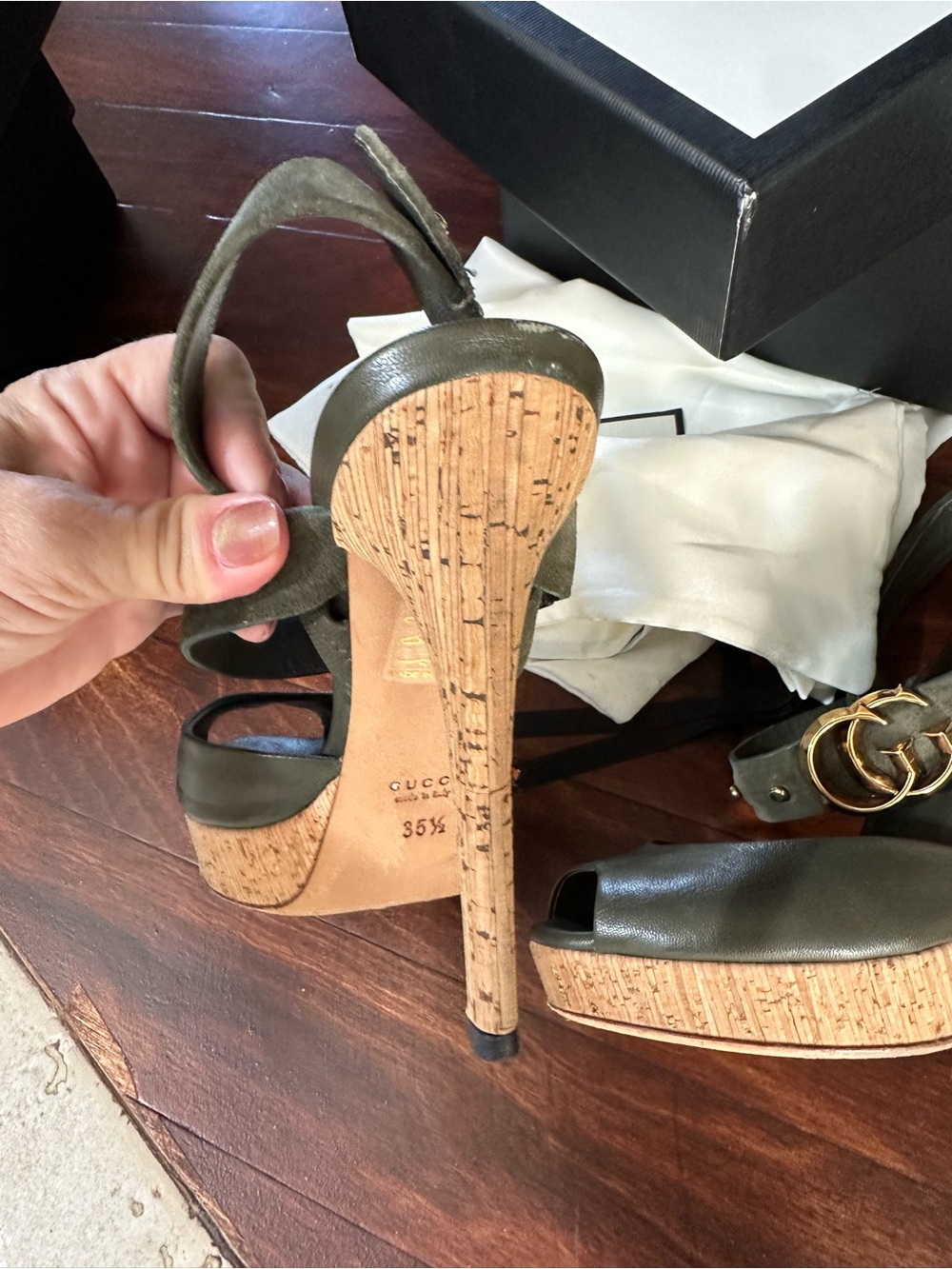 Gucci Olive Brown Leather Platform Sandals with Gold Double G - Picture 8 of 8